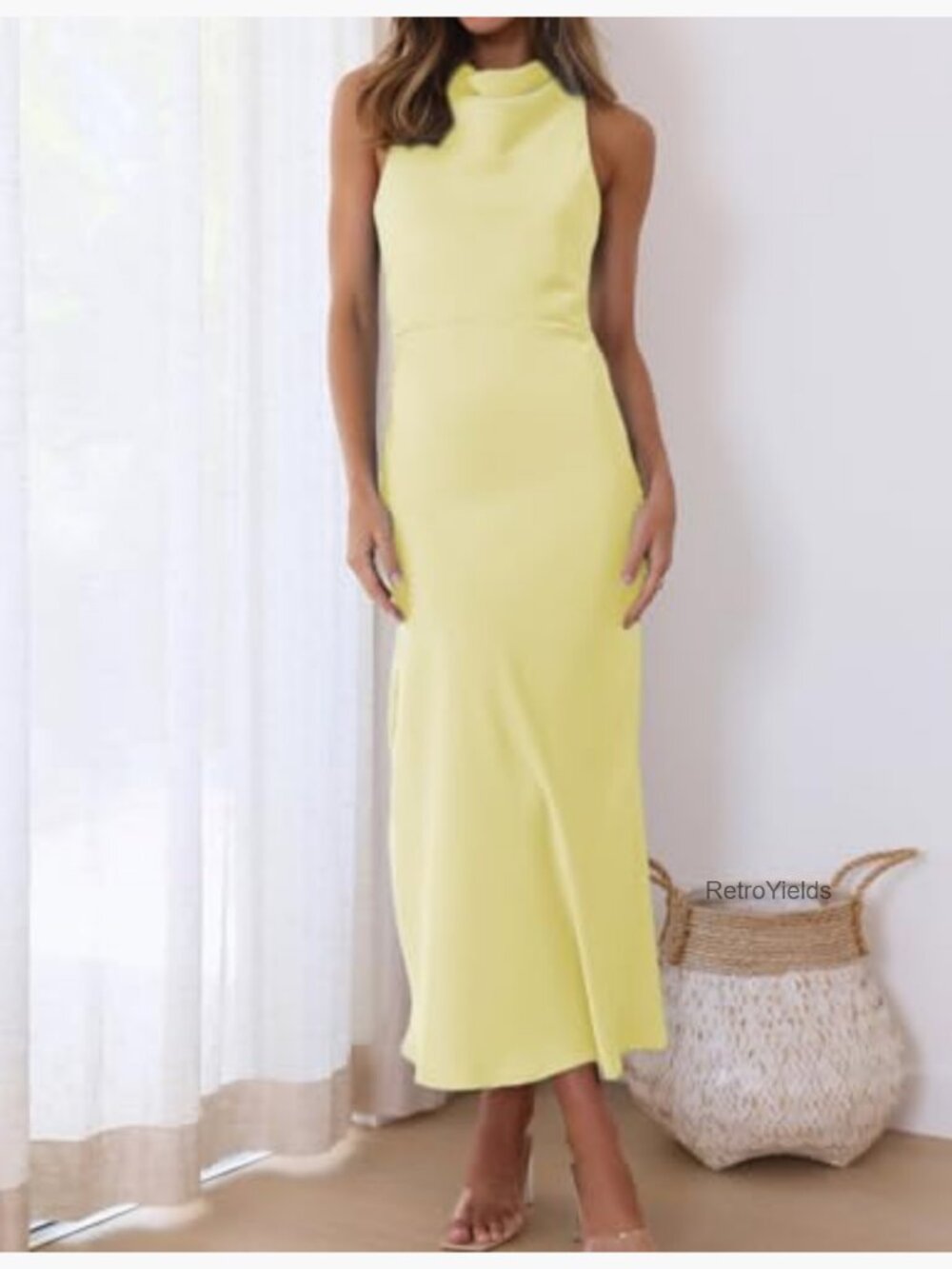 Satin High Neck Backless Midi Dress Mock Neck Wrap Cocktail Dress - Picture 5 of 5